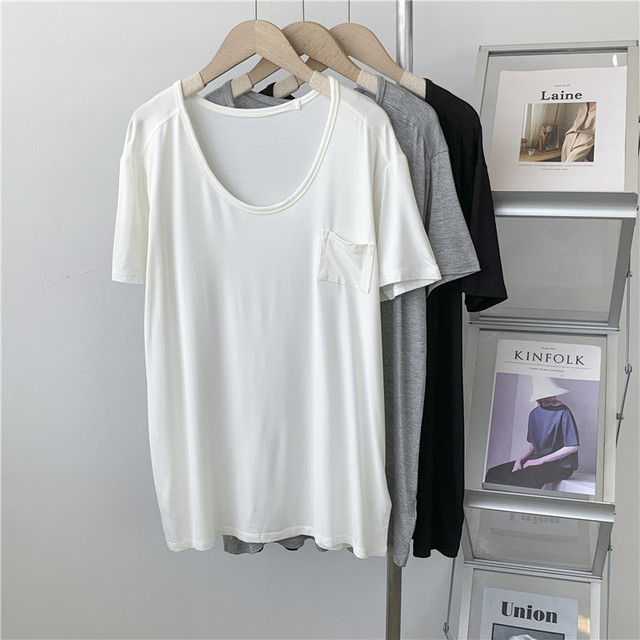 Modal pocket round neck short-sleeved T-shirt for women raglan sleeves design loose solid color dance training suit training suit T-shirt

