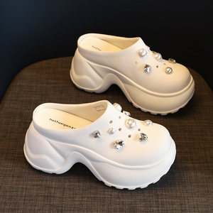 
9CM Hong Kong genuine inner height increasing slippers for women 2026 spring new style small outer wear thick-soled Baotou hole shoes