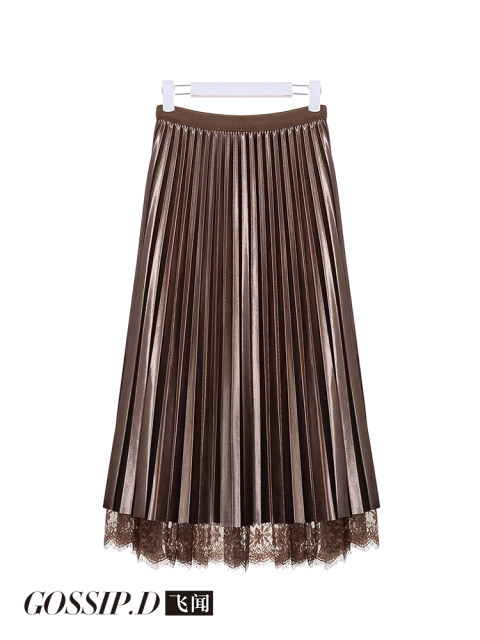 Gold velvet skirt for women in autumn and winter A-line high waist mid-length retro spliced ​​mesh on both sides pleated skirt