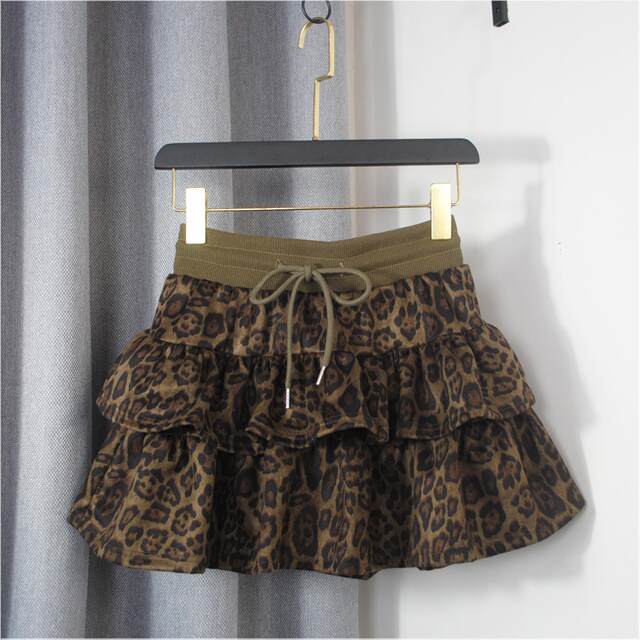 Pumping rope with hot girl ruffled puffy skirt women autumn and winter anti -suede high -waist skirt leopard cake skirt
