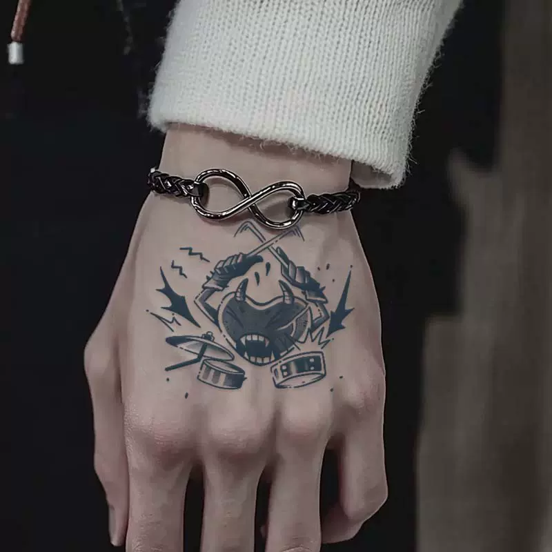 小恶魔音乐草本纹身贴防水持久男女新款贴纸手臂潮流卡通鼓手果汁