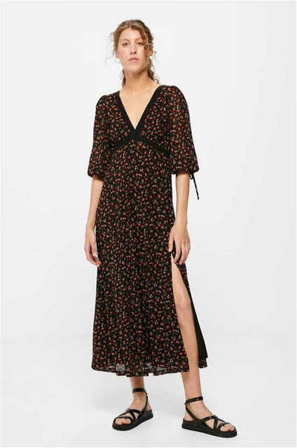 European Station Retro printed slit slightly exposed pleated women's florals in spring and autumn new high-waisted large swaying hips covering A-line long skirt