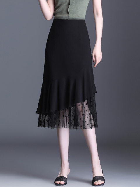Temperament hip-covered skirt slim chiffon fishtail skirt for women summer skirt mid-length mesh spliced ​​lace one-step skirt