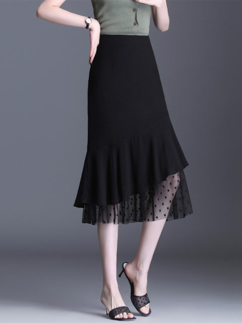 Temperament hip-covered skirt slim chiffon fishtail skirt for women summer skirt mid-length mesh spliced ​​lace one-step skirt