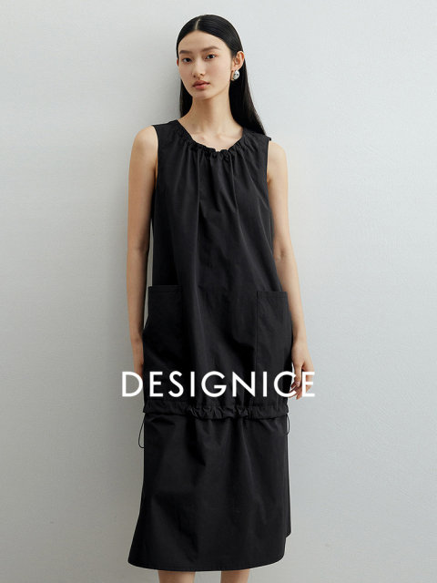 DiSenis 2025 summer new commuter temperament elegant round neck long skirt black sleeveless A-line dress
