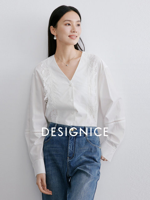 Disenis 2025 spring new simple commuter style white long-sleeved V-neck shirt for women