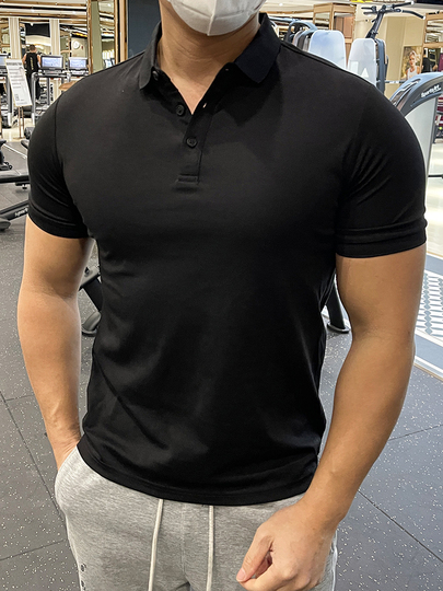 STONE  ブラックポロシャツ スリムフィット メンズスリムフィットポロシャツ - 通気性のある半袖スポーツTシャツ