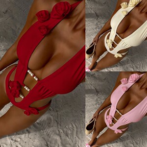 
2025 new European and American one-piece swimsuit three-dimensional flower pearl decoration integrated swimsuit beach bikini swimsuit