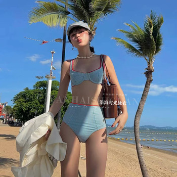Swimsuit women's retro high waist triangle bikini stripe
