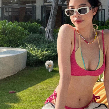 Women's swimsuit color block sexy four piece triangle bikini