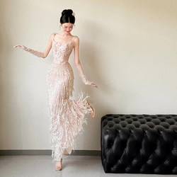 High-End Light Luxury Niche Tassel Bridal Engagement Dress with Straps, Elegant Banquet Host Evening Gown for Women