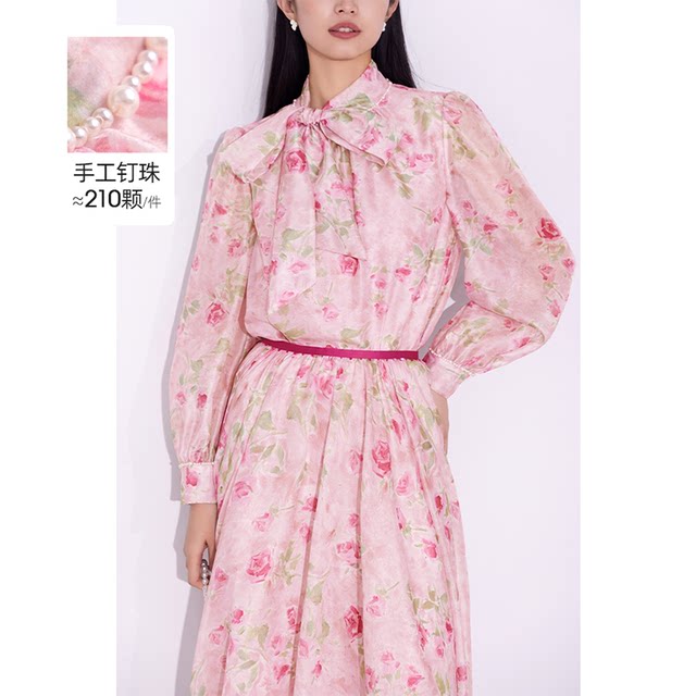 Meifei shirt shirt women's top print 2025 spring and summer new French style high-end bow streamer rose