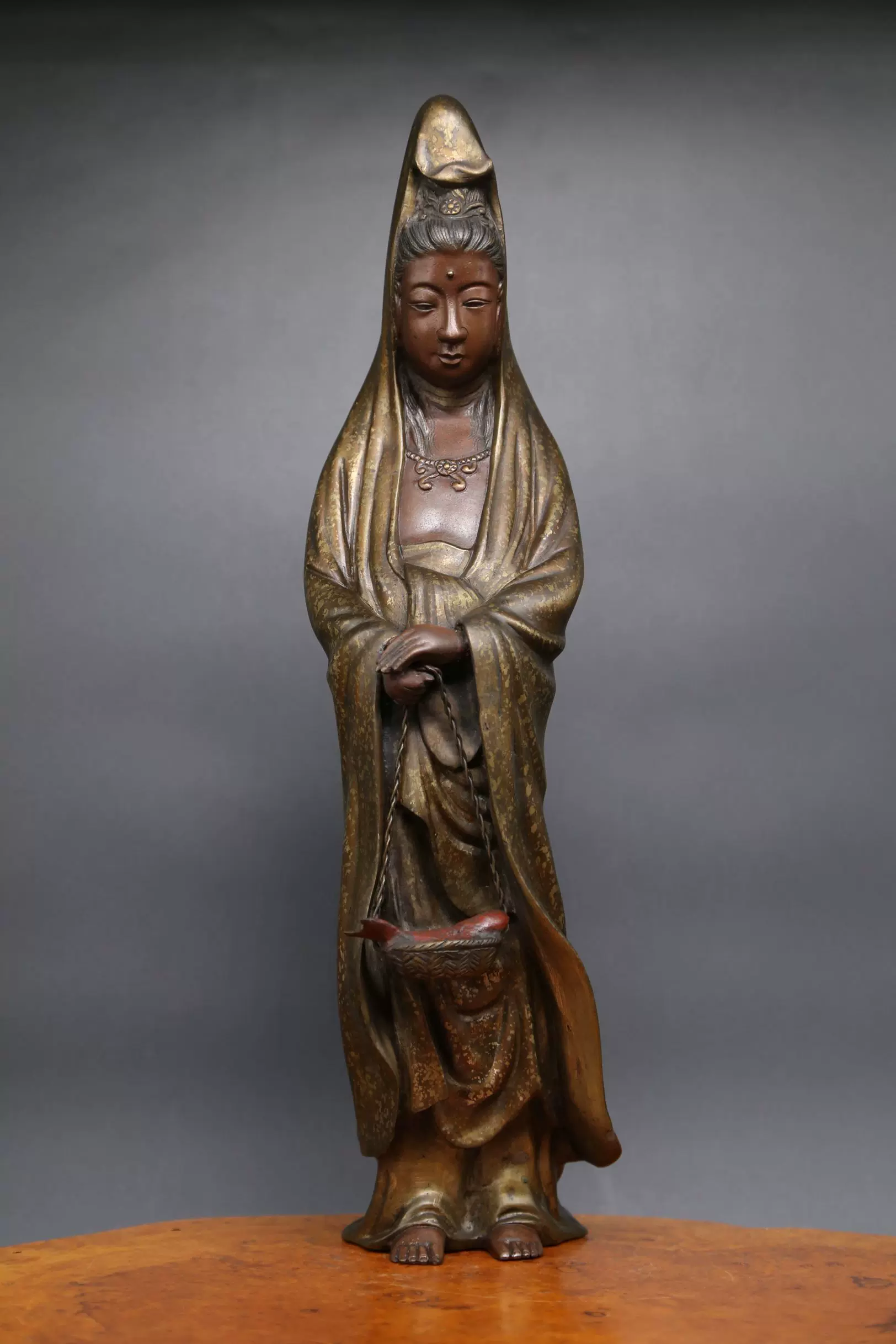 唐密东密古董铜佛像，三十三观音之鱼篮观音铜