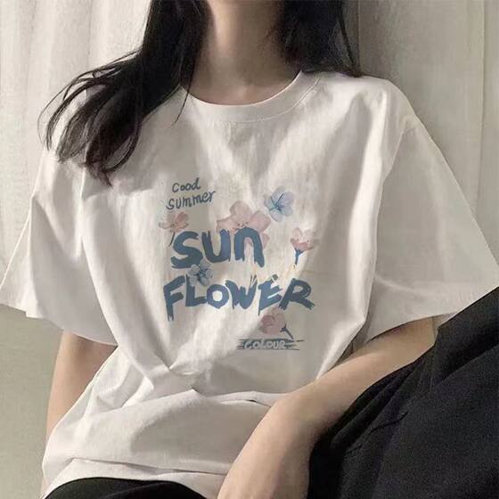 
30% off special area Light luxury high-end white cotton short-sleeved T-shirt women's summer new style shoulder loose student round neck top
