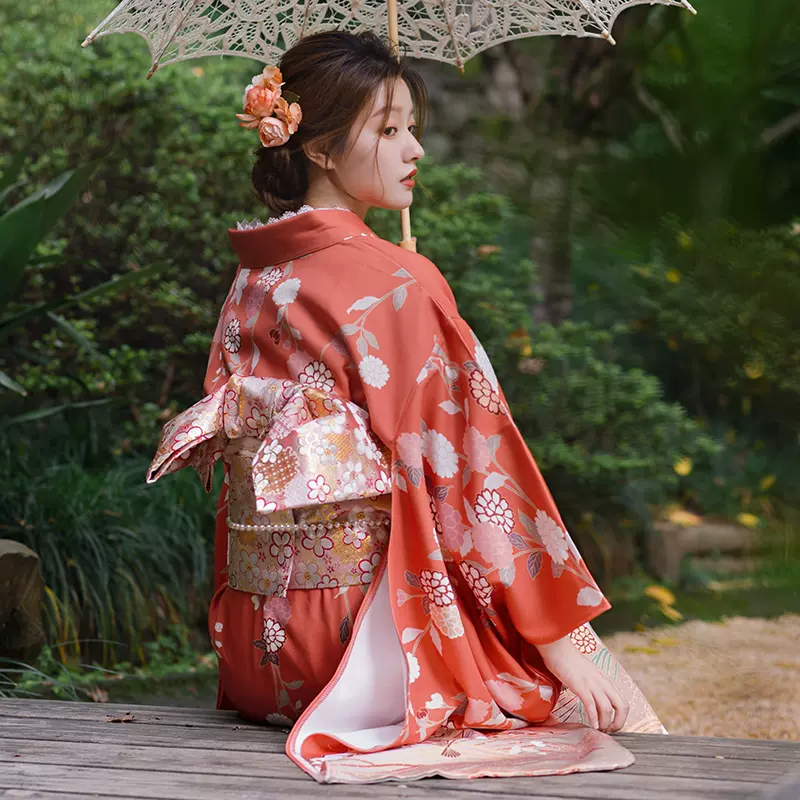 山鸟和色日式复古华丽小振袖单层改良和服摄影旅拍写真橙色菊水纹-Taobao