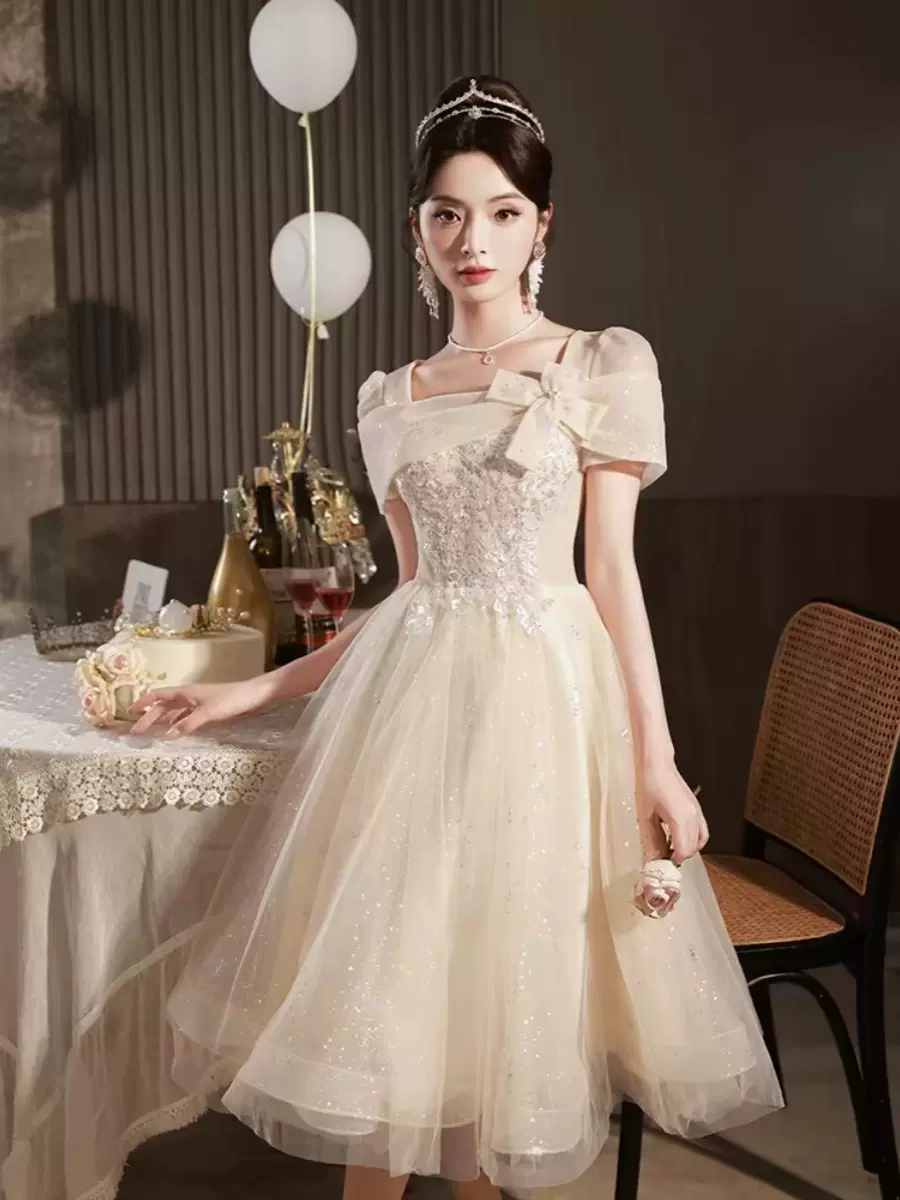 香槟色小晚礼服裙女装宴会气质日常可穿连衣裙敬酒服高端艺考礼服