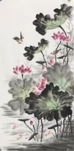 中国古美術・花鳥純手描き四条屏画芯・水墨画・斉白石印款・肉筆