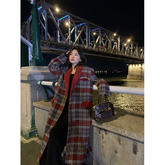 Australian women's retro 30 wool mid-length cotton wool jacket for women's high-end plaid wool coat versatile