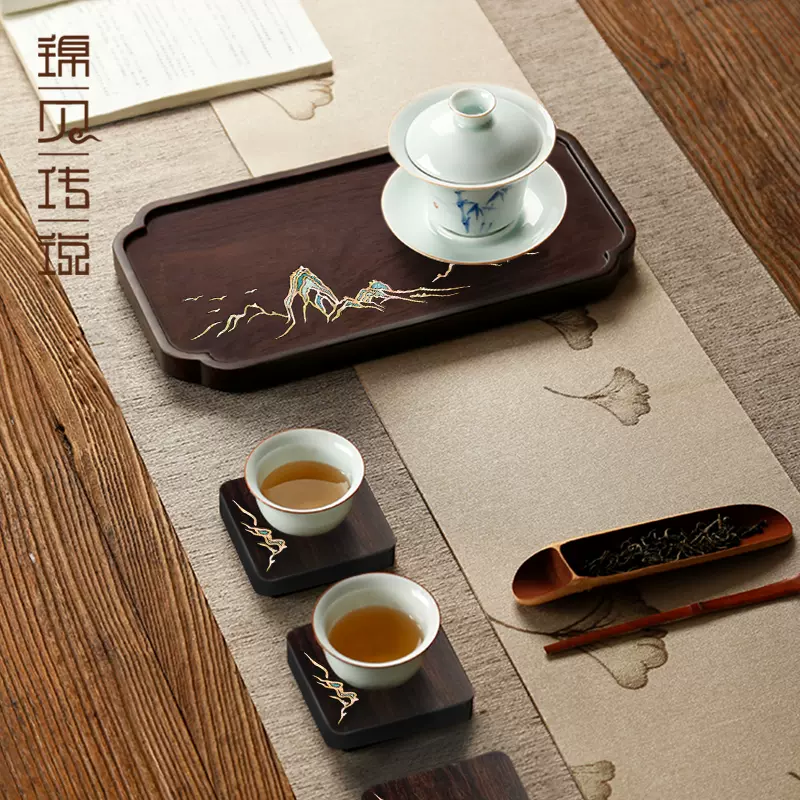 螺钿漆器茶盘家用实木茶具台古风托盘放茶叶杯干泡台茶海-Taobao