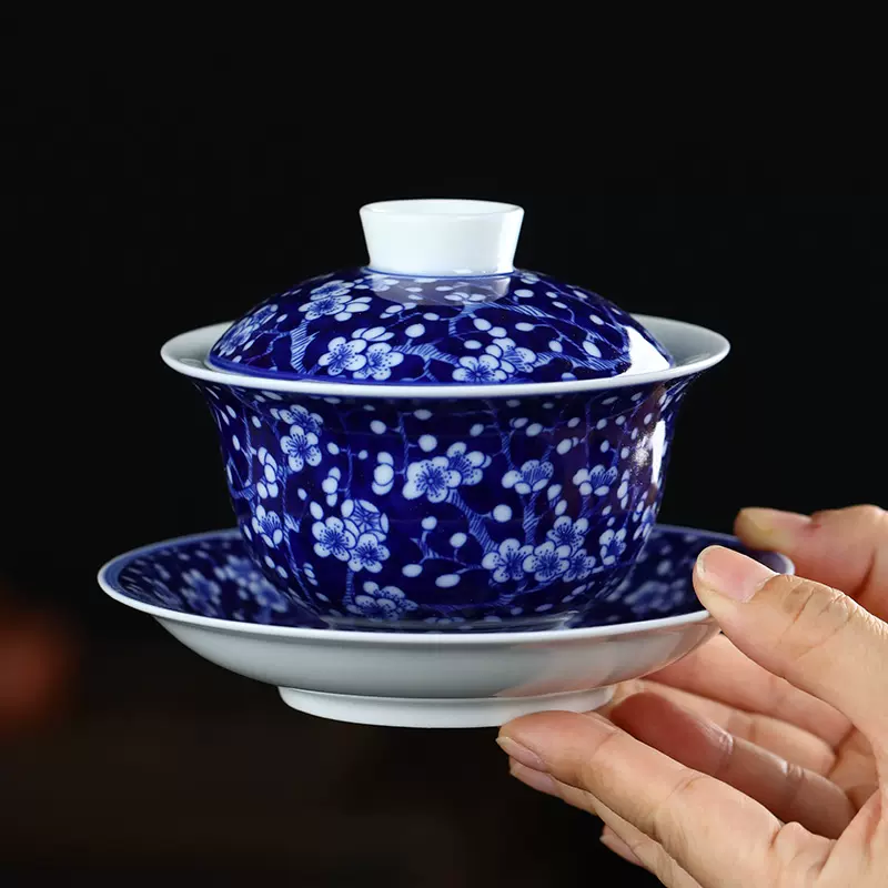 釉下彩陶瓷盖碗青花釉里红三才杯八宝碗泡茶碗