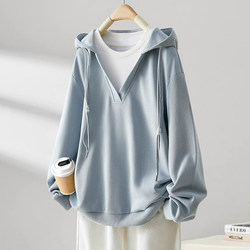 Plus Size Women's Clothing 150kg Mid-Length Fake Two-Piece Hooded Sweatshirt for Fat Women, Loose and Slimming Casual Top for Spring and Autumn 2