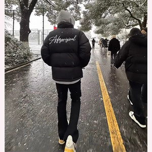 
National trend down jacket plus velvet thickened cotton coat for couples American high street stand collar cotton coat for men 2024 new winter coat