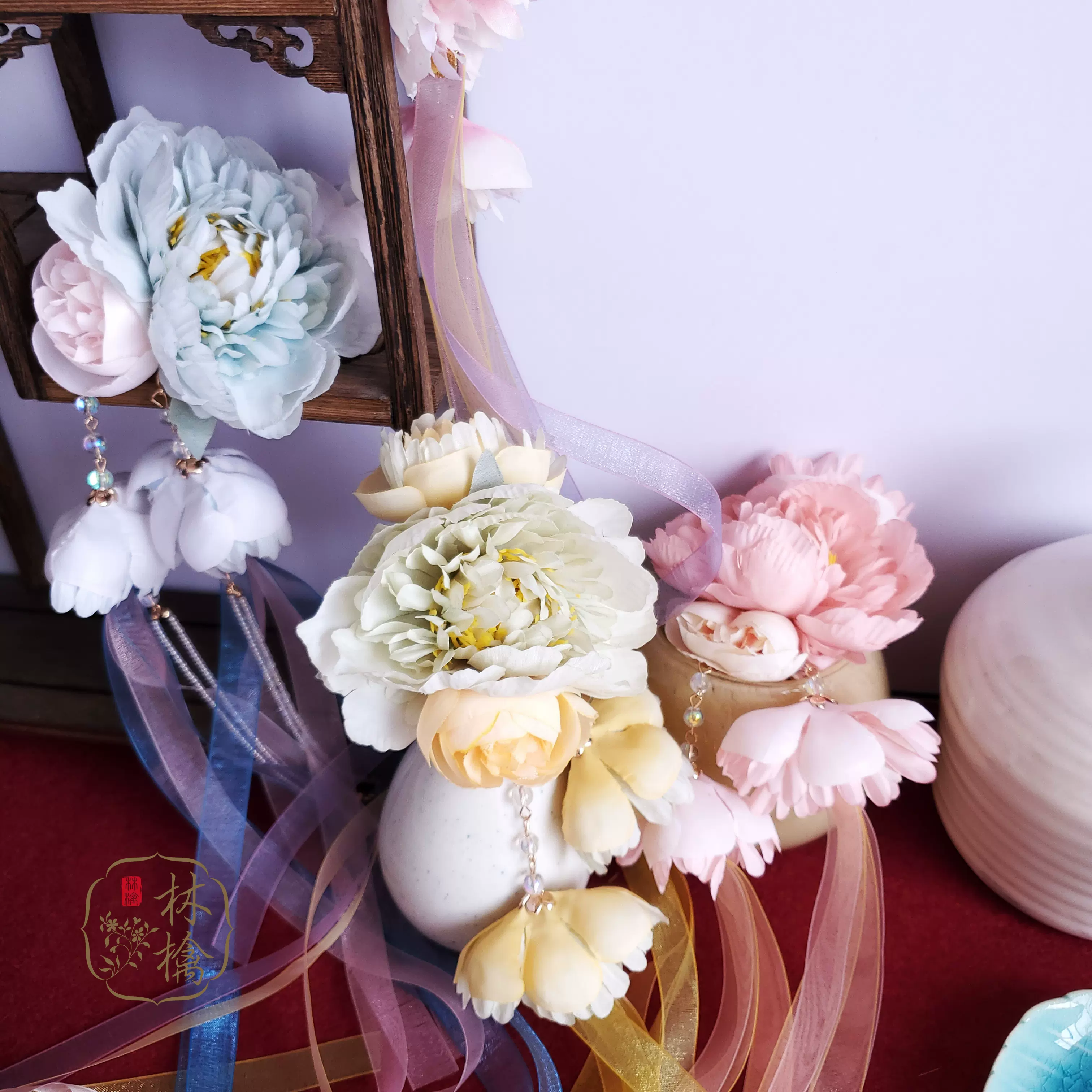 拈花笑漢服古風唐風宋制絹花雪紗飄帶流蘇髮夾對