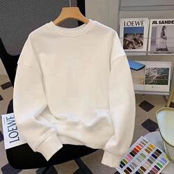 2025 Winter Round-Neck White Sweatshirt for Women, Made of Xinjiang Cotton, Loose Fit, Fleece-Lined, Thickened Long-Sleeve T-Shirt for Men, Couples, and Students