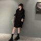 Large -size women's hooded color buttons, fat sister black, thin, middle length loose casual sweater skirt