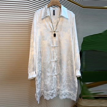 Fat mmg lapel button bottom edge lace shirt-
