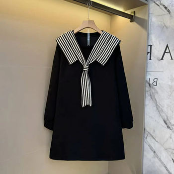 Large size women's striped shawl collar long-sleeved dress