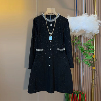 
Beaded collar long sleeves starry diamond dress