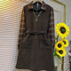Large size women's lapel splicing plaid long-sleeved autumn and winter casual skirt fat girl looks slim and fake two-piece dress