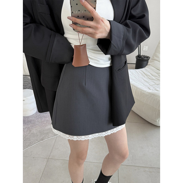 2025 summer new suit skirt slim short skirt women's spliced ​​design miniskirt sweet A-line skirt skirt