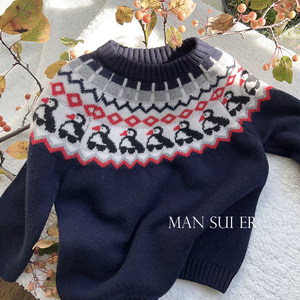 
Fair Isle Children's Sweater Thickened Merino Wool Sweater for Boys and Girls Little Penguin Autumn and Winter Knitted Sweater Top