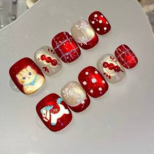 
Snowy red cat-eye wearable nails, high-end look, platinum wealth, cat horse, New Year short style holiday manicure patch