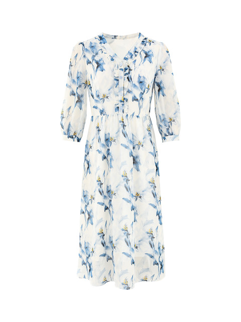 Danmunier French printed chiffon dress for women 2025 summer new style 700-quarter sleeve temperament waist-hugging A-line skirt
