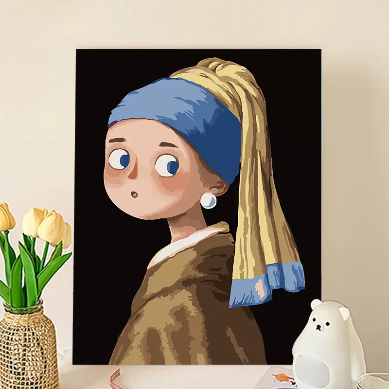数字油画DIY填色套装戴珍珠耳环的少女油画复古风格棉布油彩画