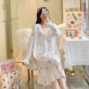 Princess style nightdress Women's spring and autumn cotton long -sleeved cute student pajamas home clothes loose pregnant women dress