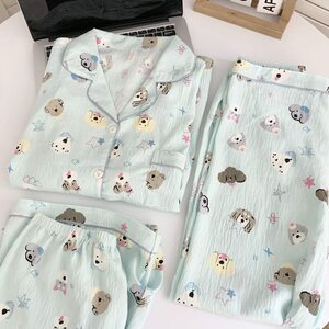 
Three-piece set of pure cotton summer pajamas for women, cloud cotton short-sleeved trousers, Japanese style ins style cartoon girl home clothes