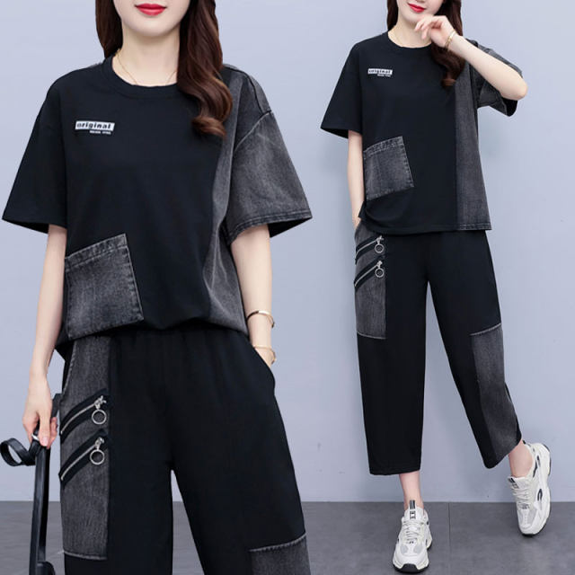 Large size fashion casual suit for women 2025 new summer fat MM loose spliced ​​denim short-sleeved pants two-piece set