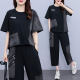 Large size fashion casual suit for women 2025 new summer fat MM loose spliced ​​denim short-sleeved pants two-piece set