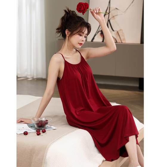
Suitable nightgown for women in summer pajamas with chest pads Modal cotton 2025 new year of zodiac red festive home clothing