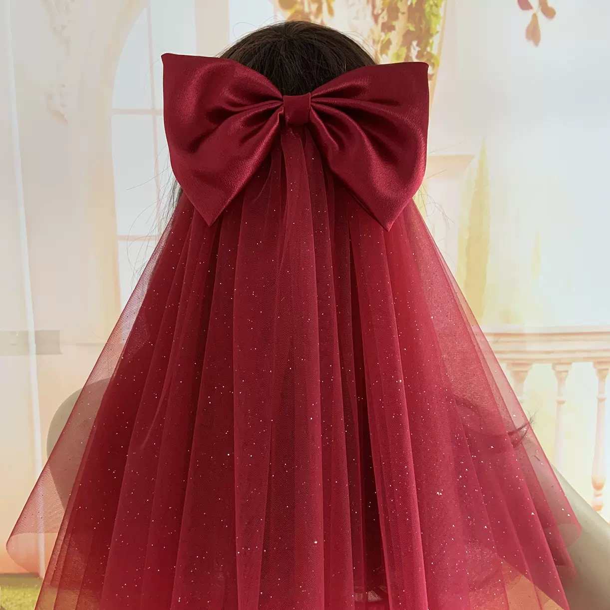 主婚纱蝴蝶结头纱红色酒红色新娘结婚求婚领证简约韩式在逃公主