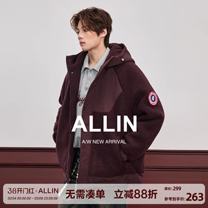 
ALLIN sherpa hooded jacket men's autumn and winter trendy brand workwear thickened grain velvet splicing couple's cotton jacket