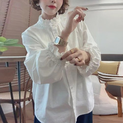 Plus-Size Heavy Embroidery Lace White Long-Sleeve Shirt Women's Spring Design Niche Unique Design Top