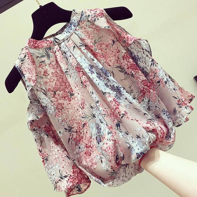 Large size women's clothing fat girl is popular in summer this year's off-shoulder short-sleeved chiffon shirt with floral style and slim tops