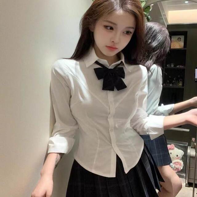 JK uniform pure and sexy hot girl large size waist-hugging white long-sleeved shirt for women high-end basic style inner shirt

