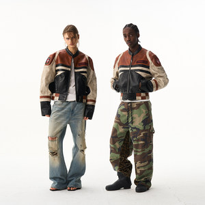 EXITMOD26SSE retro splicing contrast color distressed leather jacket for men and women same style motorcycle jacket