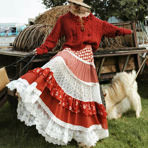 
Maisu original <Letter from Tianye> French pastoral style lace plaid print splicing cake skirt for women
